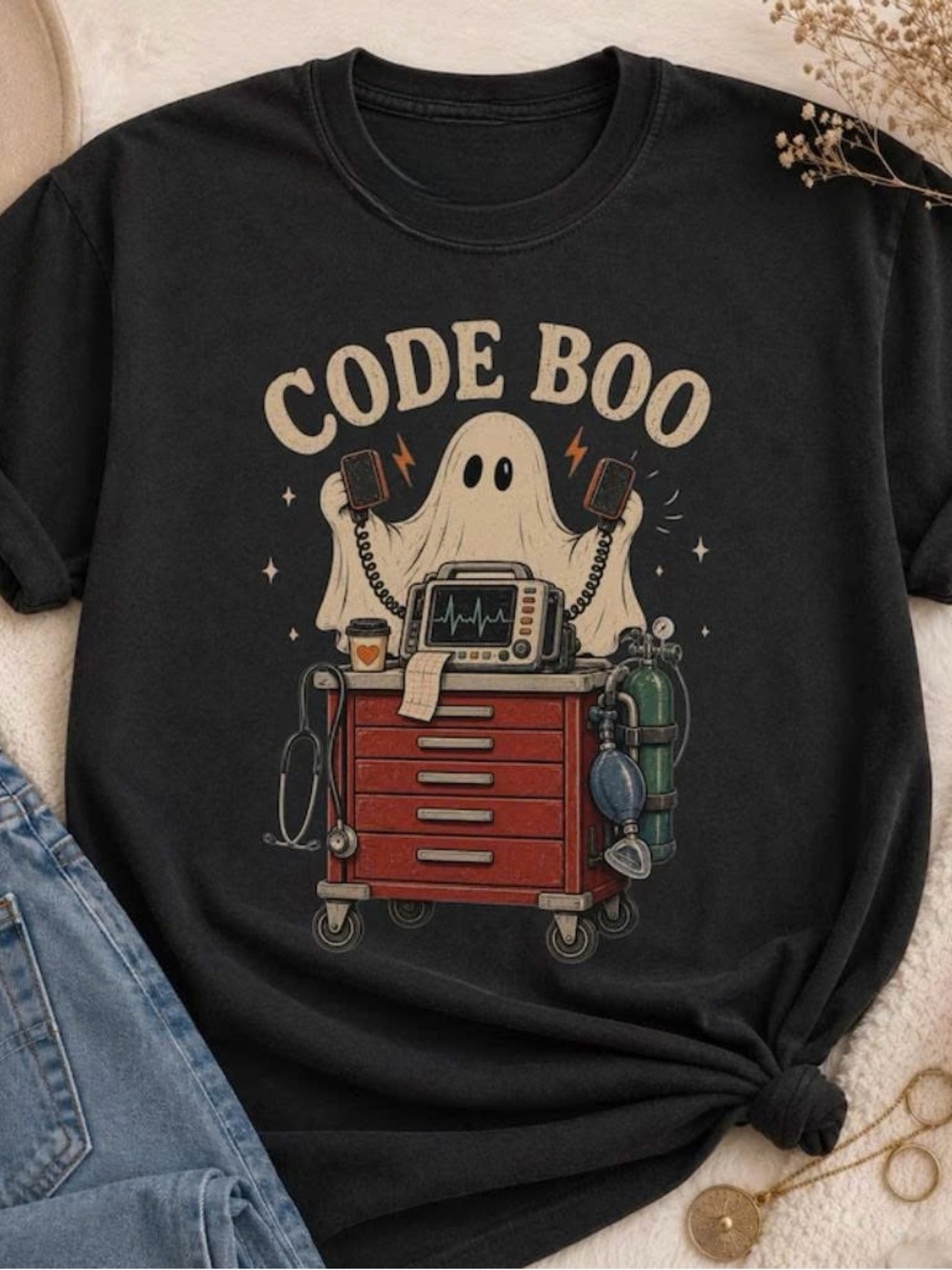 Vintage Black 'Code Boo' Halloween Ghost Graphic Tee